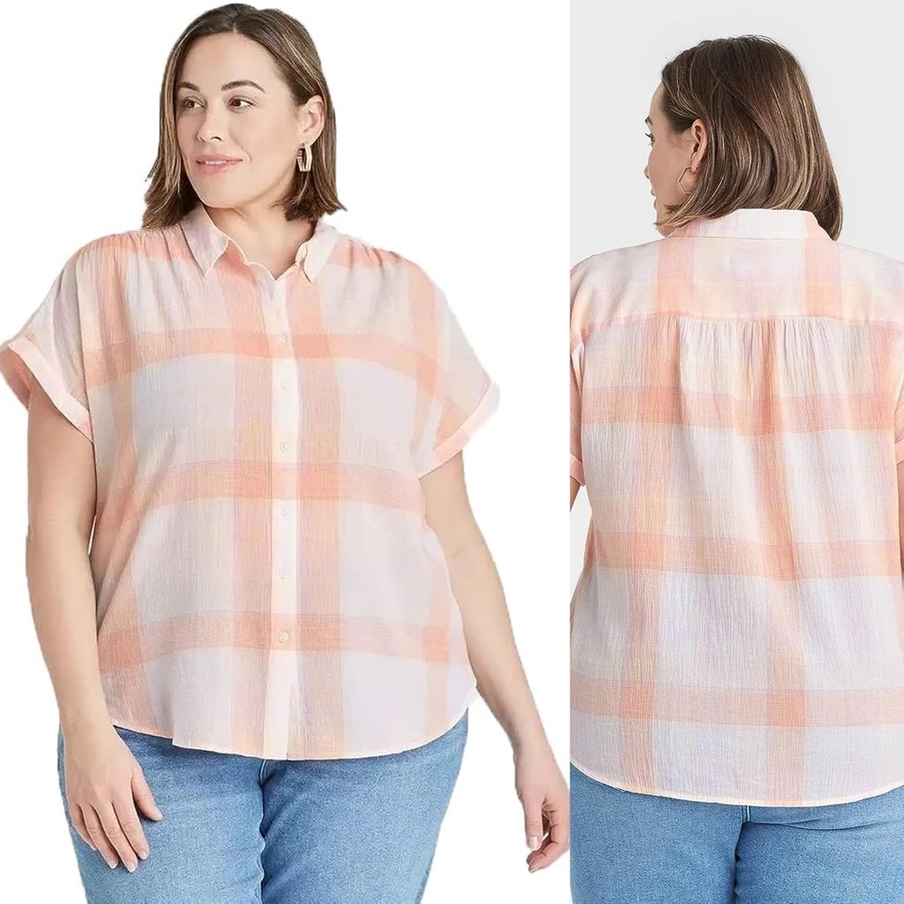 Ava & Vic Pretty Pastel Plaid Lightweight Short Sleeve Button Up Top